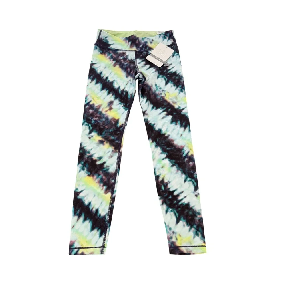 Athleta Girl Chit Chat Tight XL 14 Black Lime Green Tie Dye Leggings‎ NWT New